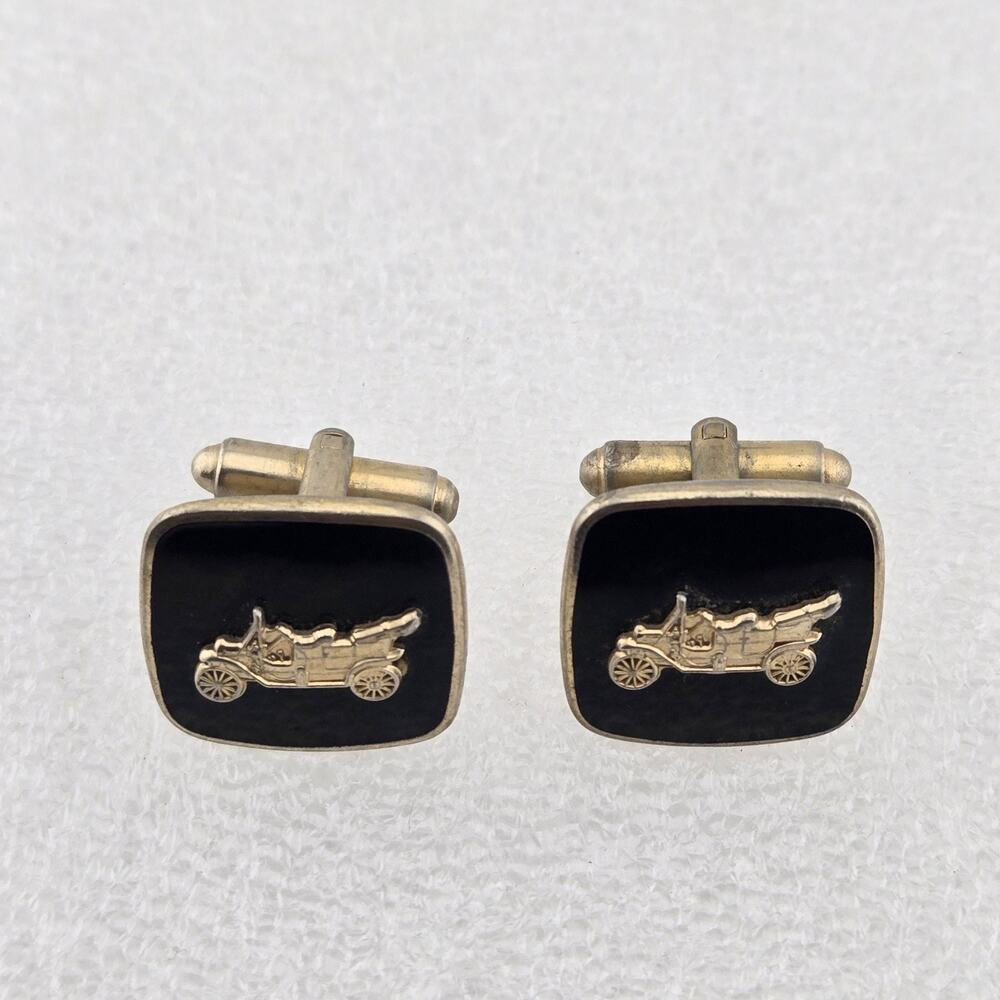 Vintage Cufflinks Gold Tone Black Enamel Antique Car Automobile